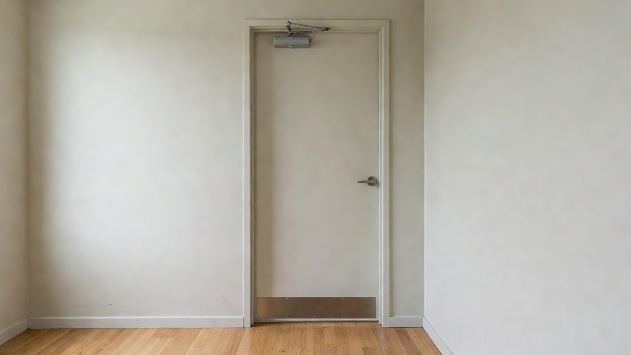 A closed stair door with an overhead door closer and a kick plate