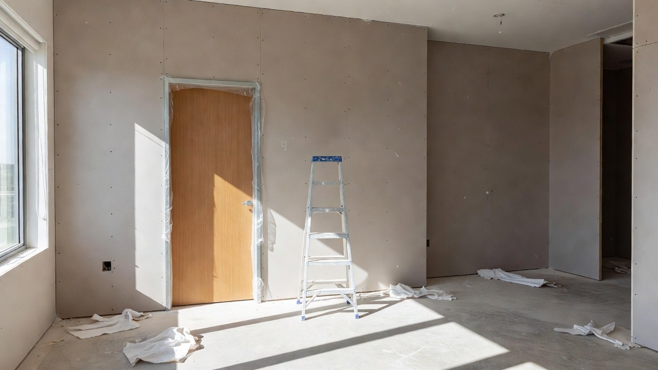 A new door set installed in an unpainted office fitout under construction