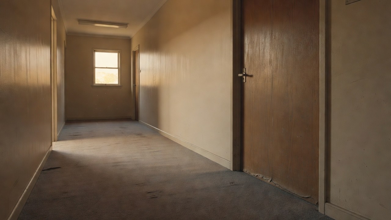 An older corridor with a faded timber fire door swollen at the bottom edge