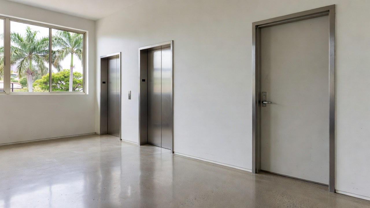 An apartment lift lobby with a solid door to the fire stair beside the lifts