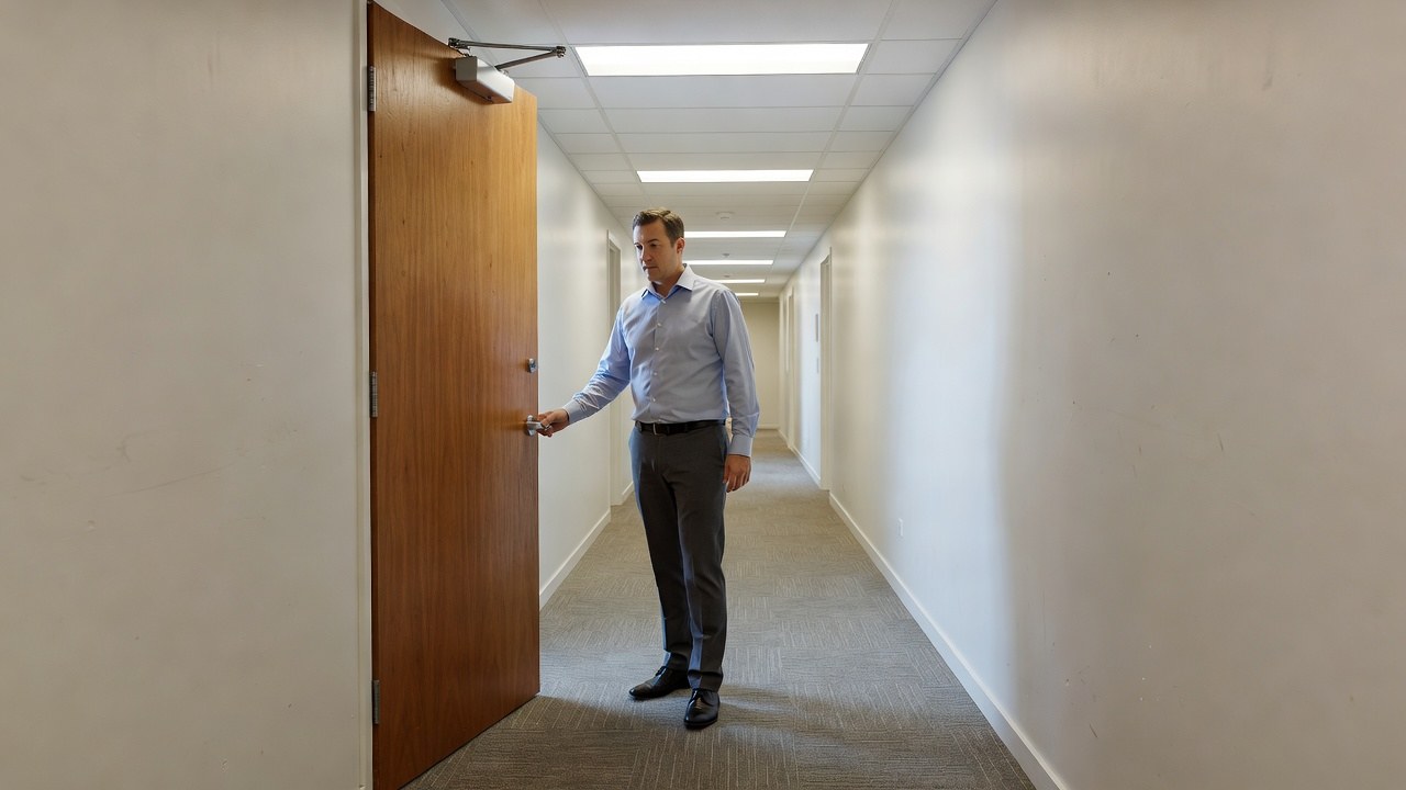 A man lets go of a timber fire door in an office corridor to see if the closer shuts it