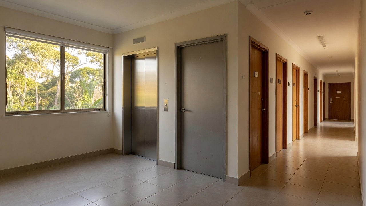 An apartment lift lobby with a grey fire door to the stair and a corridor of timber unit entry doors