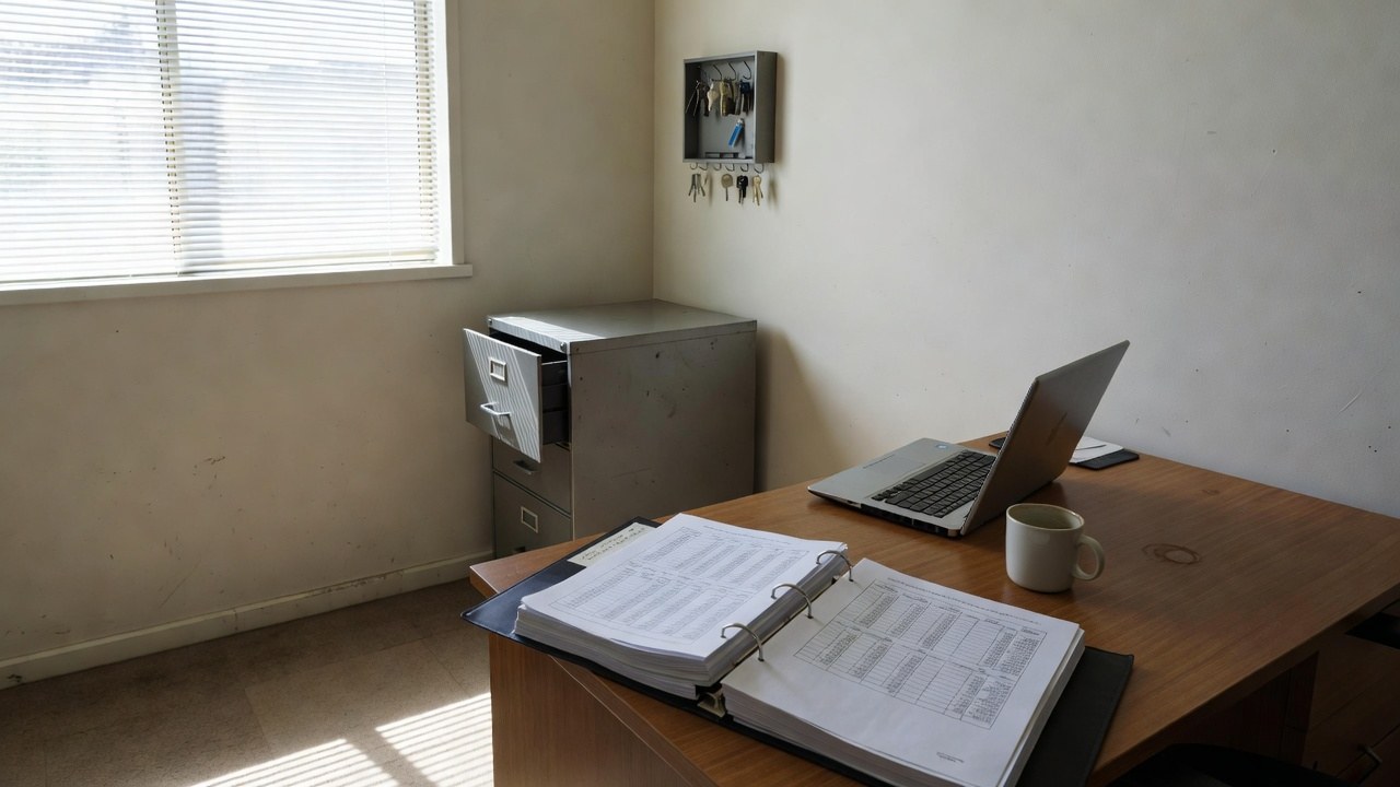 A building manager's office with an open binder of printed records on the desk