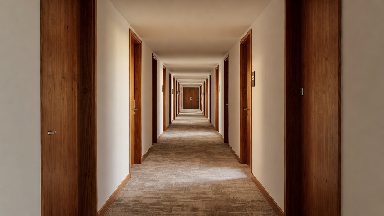 A long hotel corridor lined with closed timber fire doors