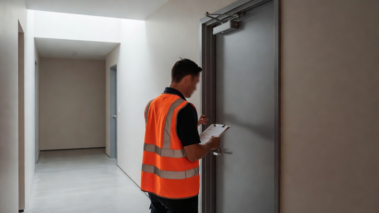 A technician in a hi-vis vest checking a grey fire door with a clipboard