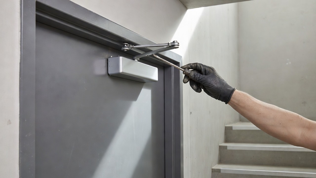 A gloved hand adjusting an overhead door closer with a screwdriver