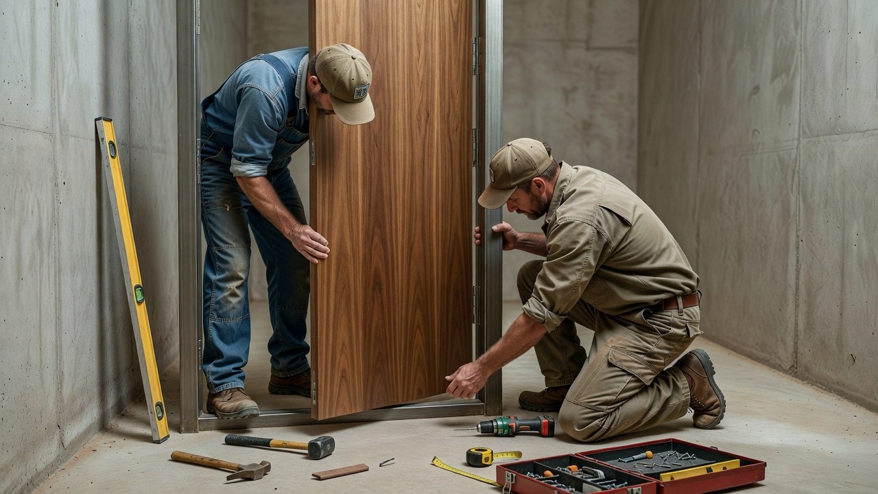 Two tradespeople fitting a new timber fire door into a steel frame in a stairwell