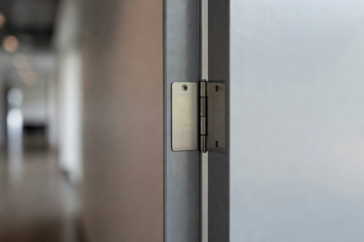 A blank metal compliance tag fixed to the hinge edge of a fire door