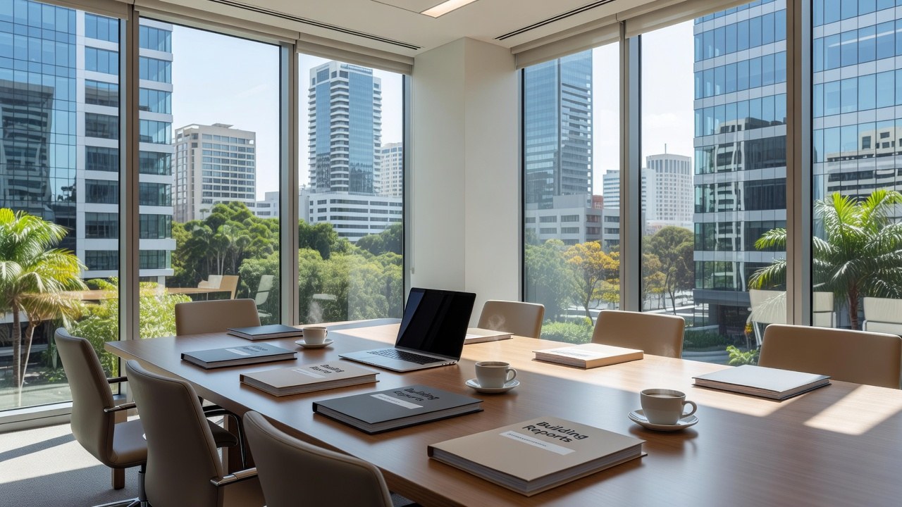 A bright Brisbane office meeting table with building report folders