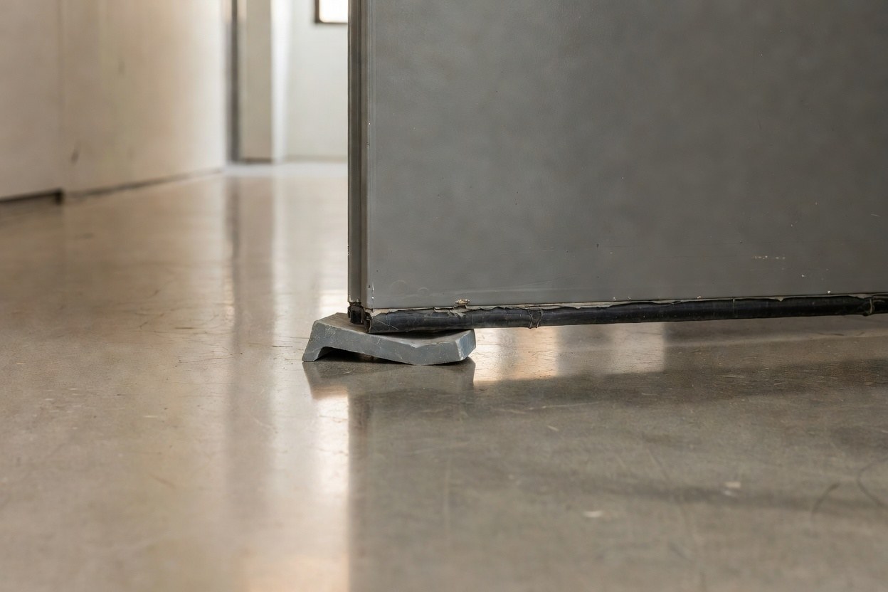 A fire door held open with a rubber wedge on a concrete floor