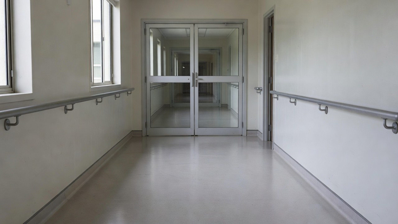 A pair of glazed smoke doors across a long corridor with handrails